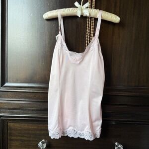 Vintage Pink Nylon Lace Trim Camisole Made in Canada M Coquette Cami Top 80's